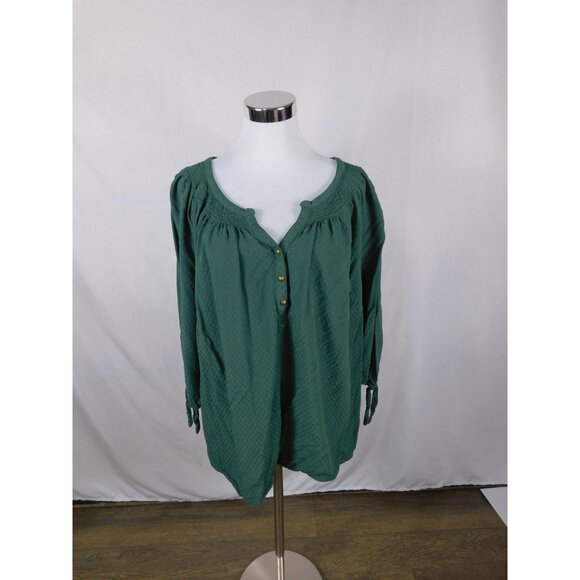 Dressbarn Shirt Womens 3X Green Smocked Henley Peasant Boho Rayon Long Sleeve - Picture 1 of 12